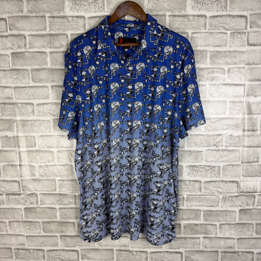 Jamie Sadock Mens XXL Rock N Roll Skull Guitar Drum Polo Shirt Blue Graphic Tee
